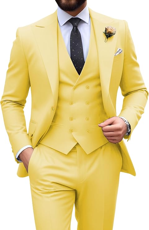 yellow slim fit 3 piece groom suit with peak lapel blazer, double breasted vest and pants for modern wedding style