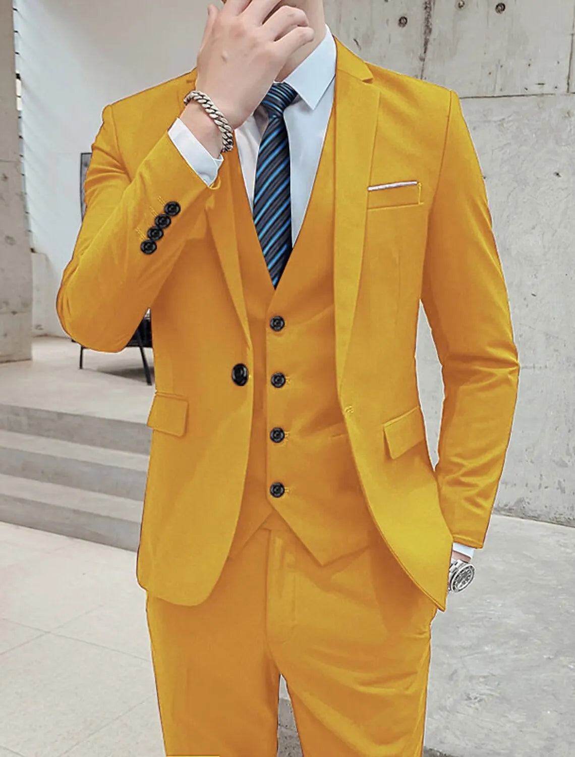 yellow 3-piece men's wedding suit - formal business attire with black tie & gold brooch