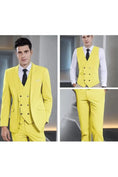Load image into Gallery viewer, model showcasing yellow double-breasted suit vest and trousers – classic 3 piece groom attire for formal ceremony
