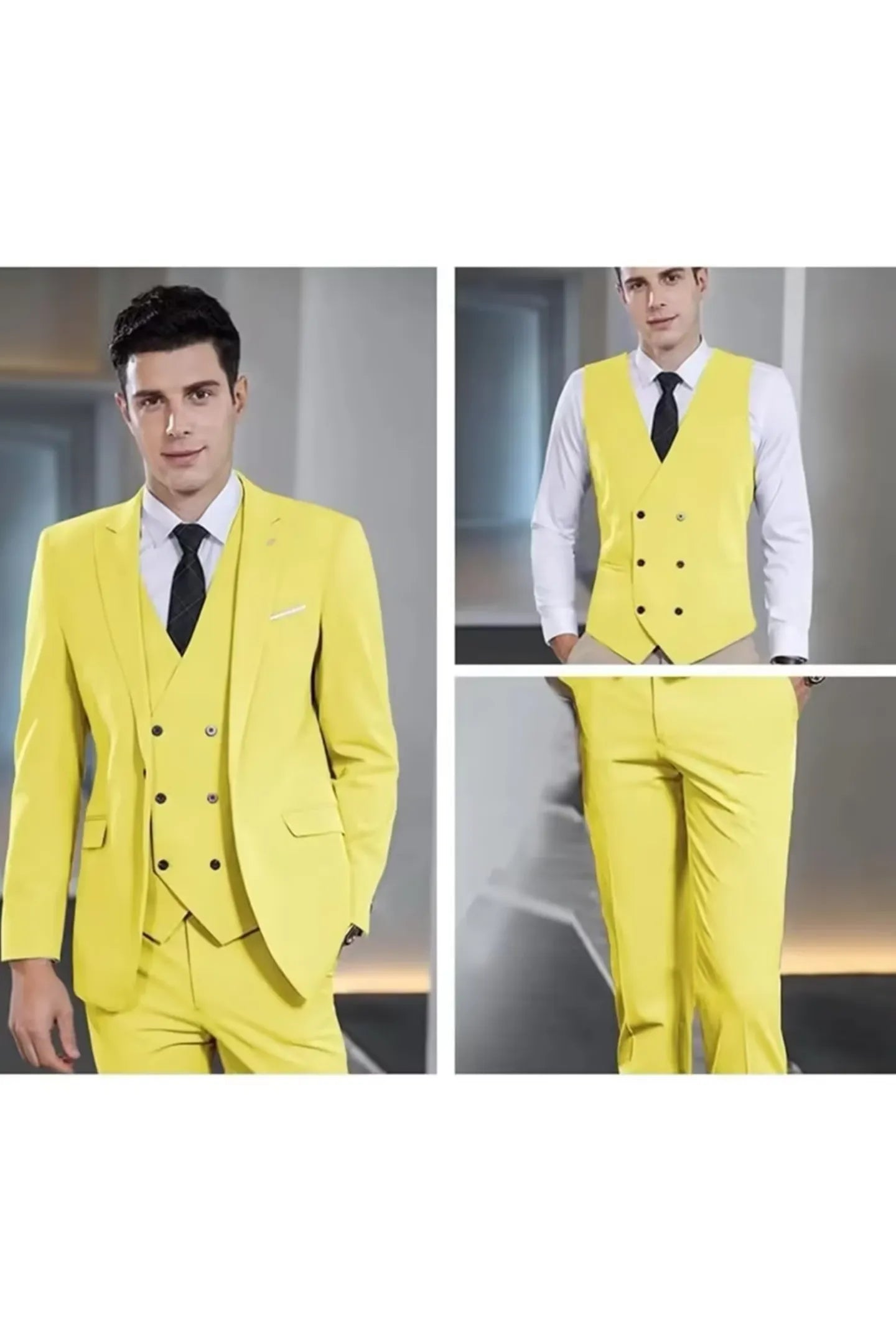 model showcasing yellow double-breasted suit vest and trousers – classic 3 piece groom attire for formal ceremony