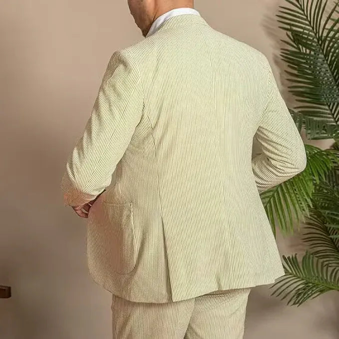 rear view of men's yellow striped seersucker blazer from 2 piece summer shorts suit