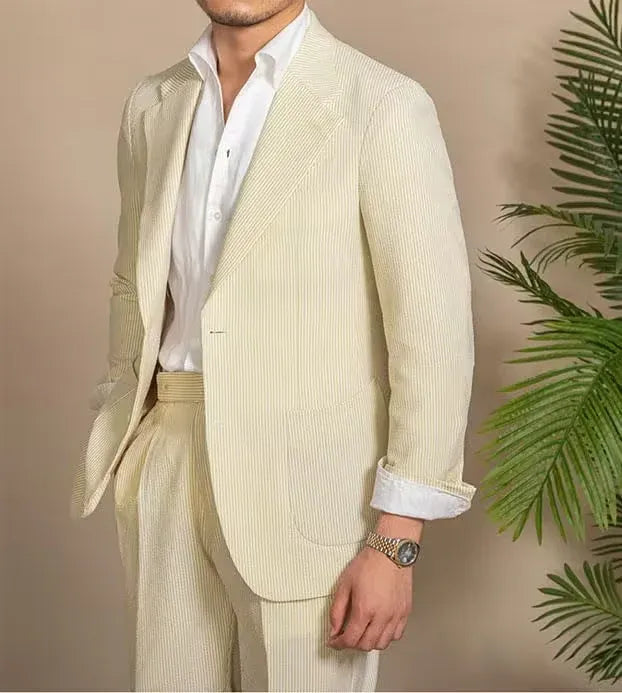 yellow seersucker blazer and shorts set for men – classic summer tailoring front view