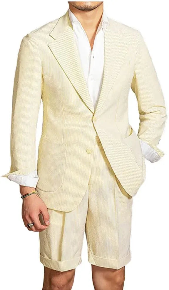 yellow striped seersucker shorts suit for men – lightweight summer blazer with shorts