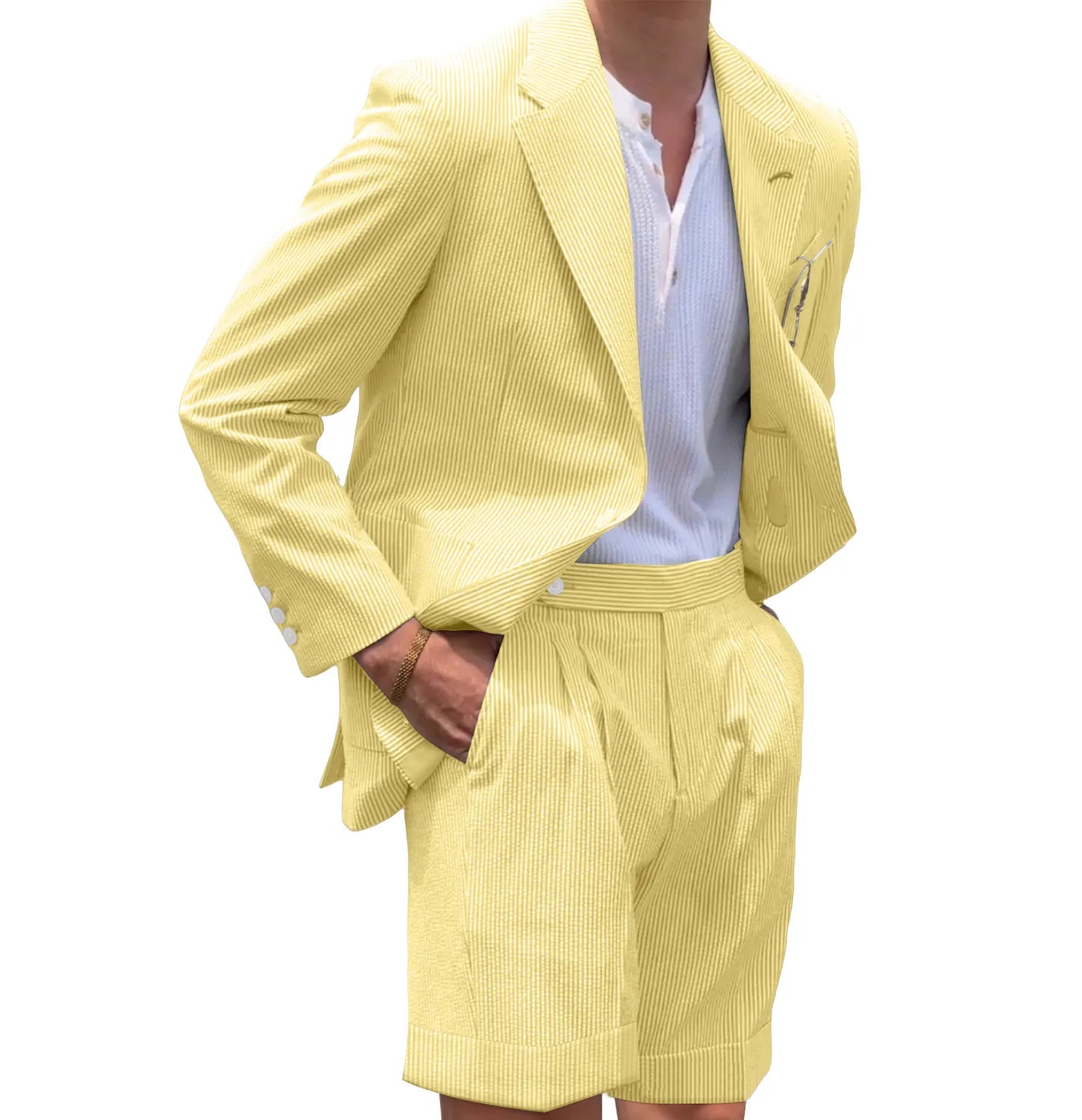 Yellow striped seersucker shorts suit for men – casual 2 piece summer outfit with blazer