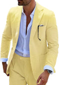 Load image into Gallery viewer, Close-up view of men's yellow-and-white striped seersucker blazer with classic lapels and a sharp design.