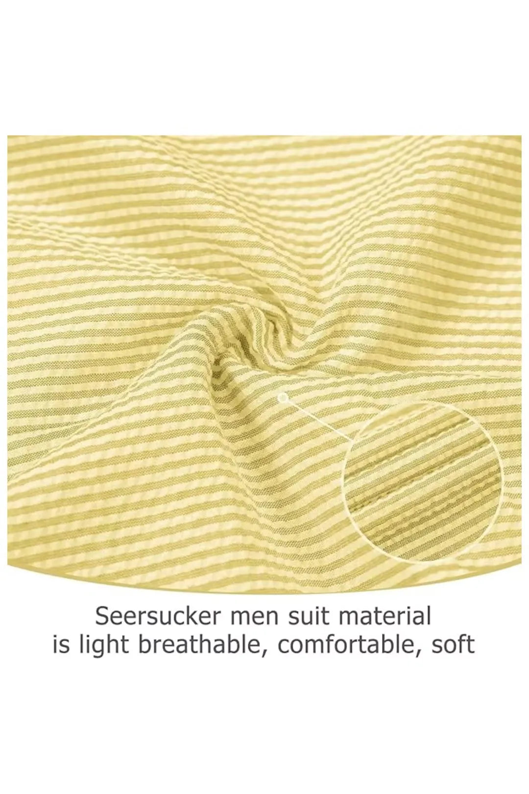 Close-up of yellow-and-white seersucker fabric texture with soft, breathable stripes for comfort.