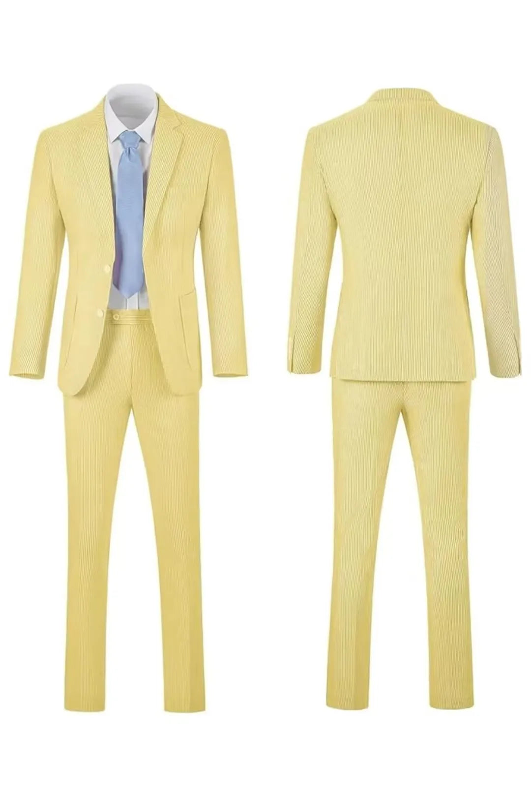 Full front and back view of a men's yellow-and-white striped seersucker blazer set for a lively summer look.