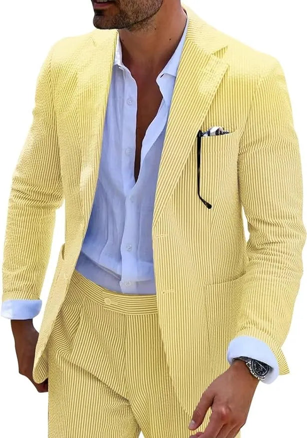 Yellow-and-white striped seersucker blazer styled with a summer shirt for a bright, stylish look.