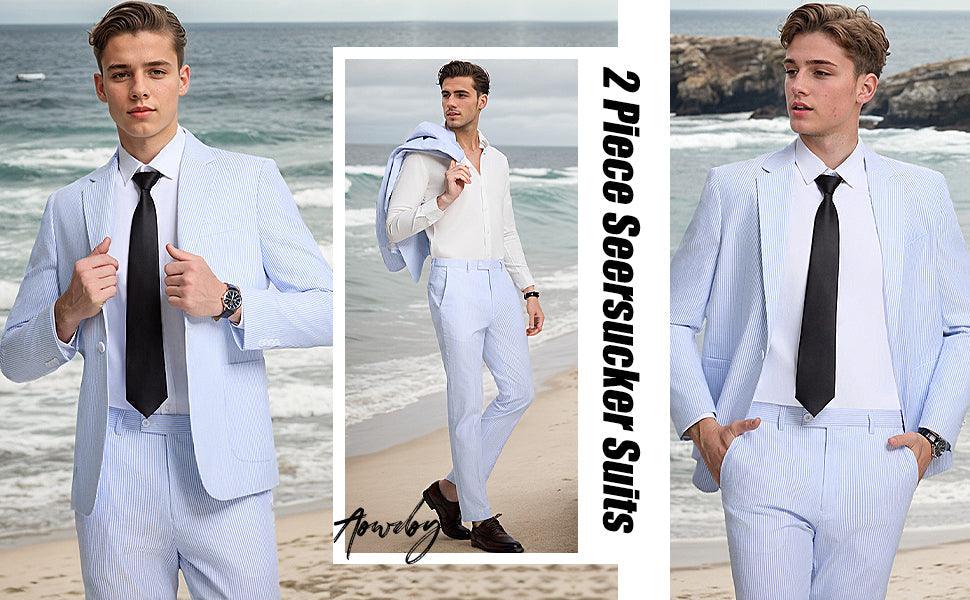 Stylish 2 Piece Seersucker Suit in light blue, perfect for summer events and beach weddings