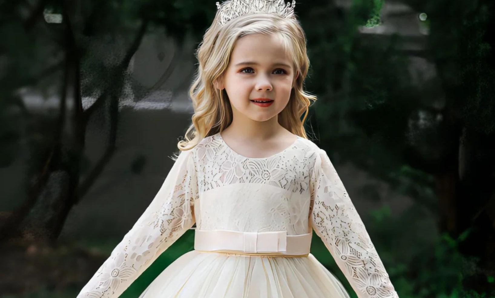 Beautiful flower girl outfits featuring a lace dress and a crown for a wedding ceremony