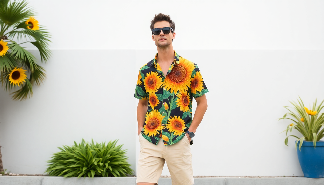 Model wearing a vibrant sunflower print shirt, styled with beige shorts for a casual summer look