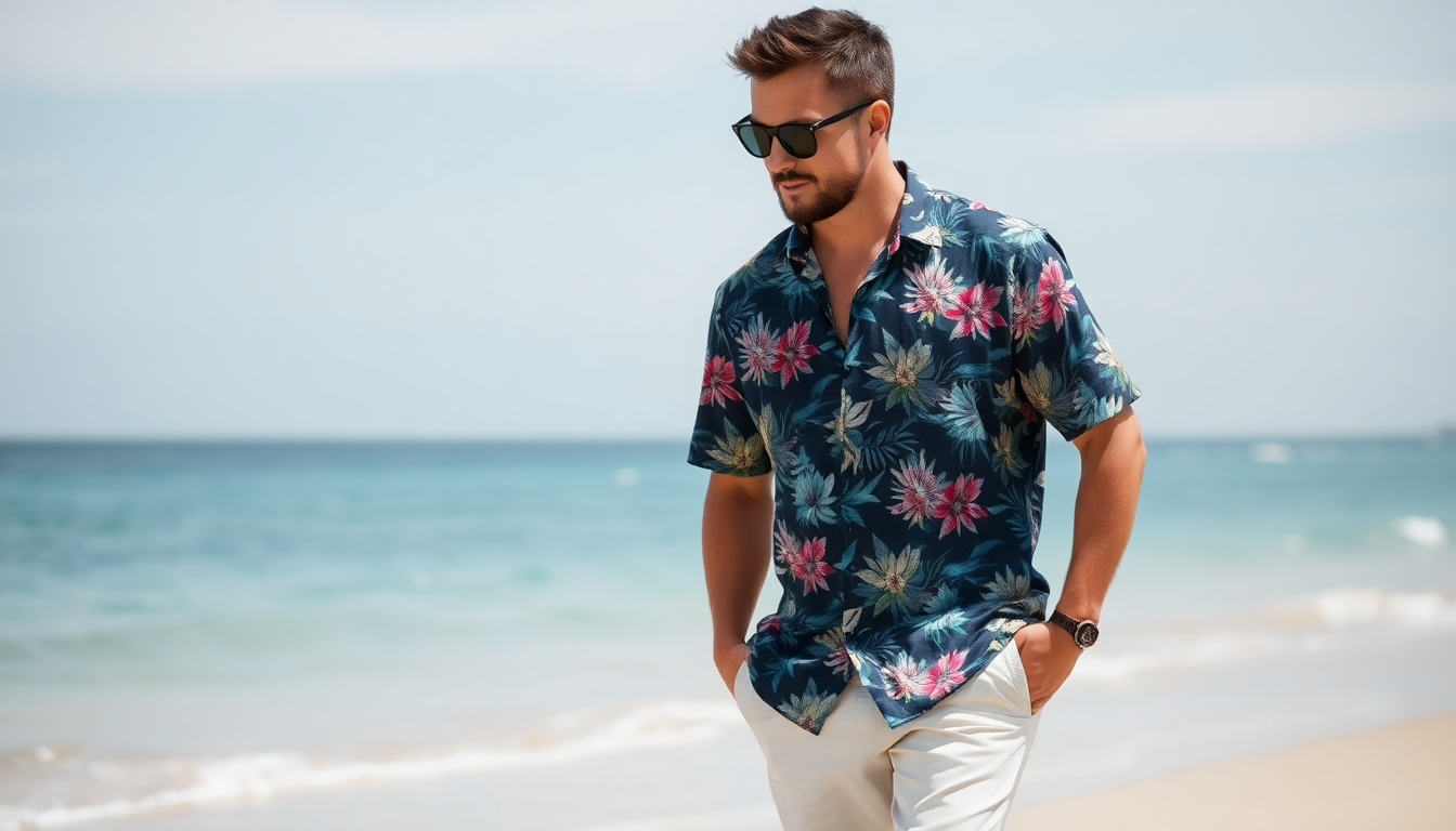 Man wearing a floral Hawaiian shirt with shorts on the beach