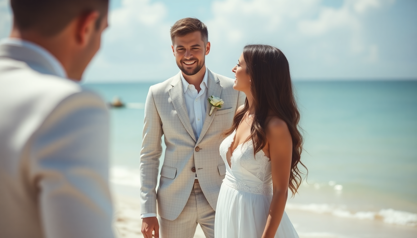 Groom wearing a beige mens linen suit at a beach wedding ceremony in 2025