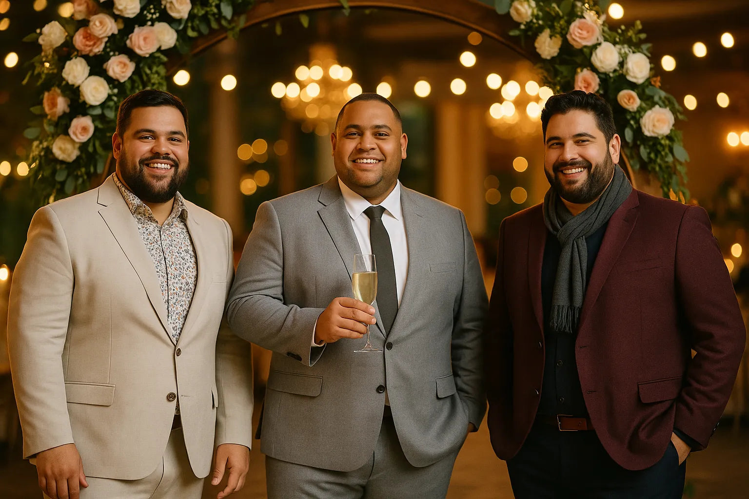 three plus size men in seasonal wedding guest suits posing confidently under a floral arch with warm wedding lights.