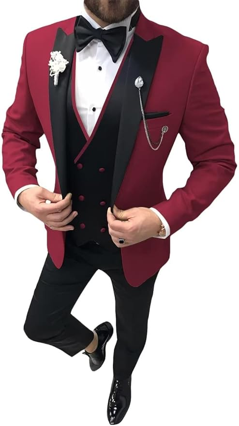 Men's Burgundy wedding tuxedo 3 piece suit with satin lapel – elegant prom dinner outfit