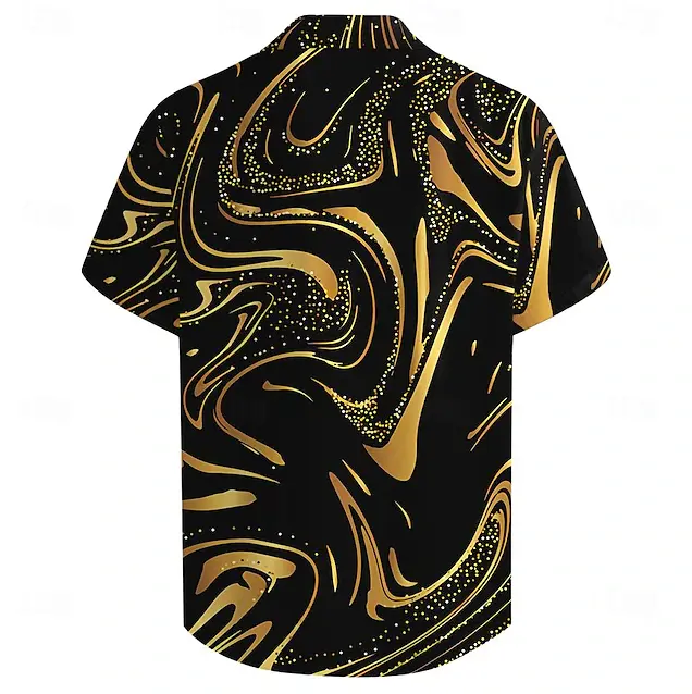 Black and gold graphic print shirt back view – modern festive short sleeve top