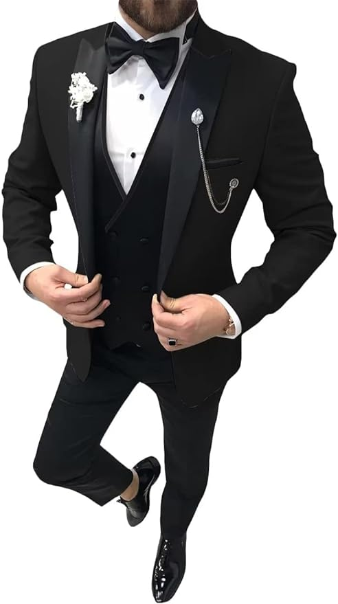 Men's Black wedding tuxedo 3 piece suit with satin lapel – elegant prom dinner outfit