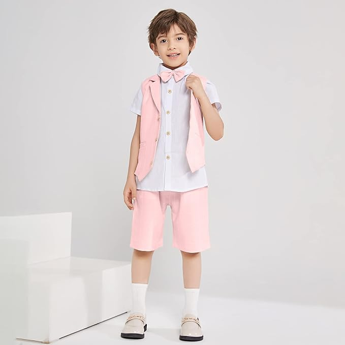 Summer Boys Suit 4Pcs Shirt Vest Shorts Tie Set