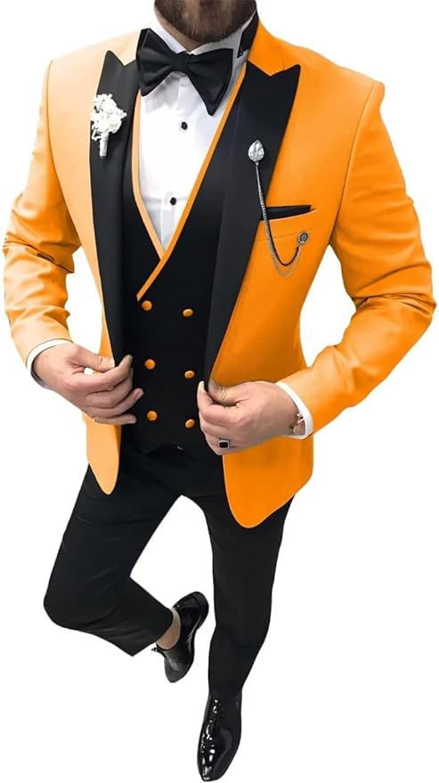 Men's Gold wedding tuxedo 3 piece suit with satin lapel – elegant prom dinner outfit
