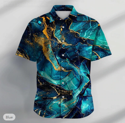 Blue marble print short sleeve men’s shirt – artistic casual wear for beach or summer parties