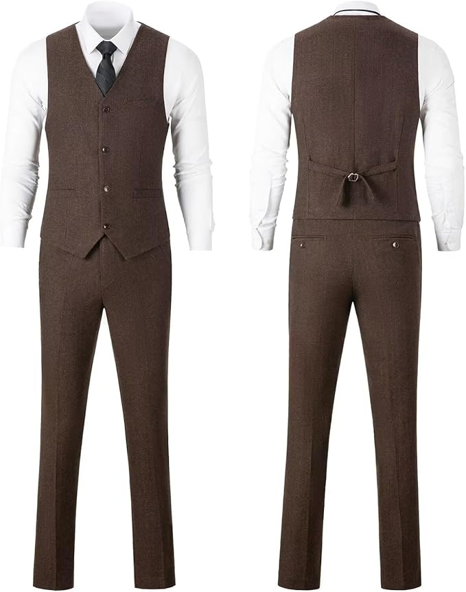 Retro Tweed Herringbone Slim Fit Notch Lapel Tuxedos Set Prom 3 Piece Men's Suit