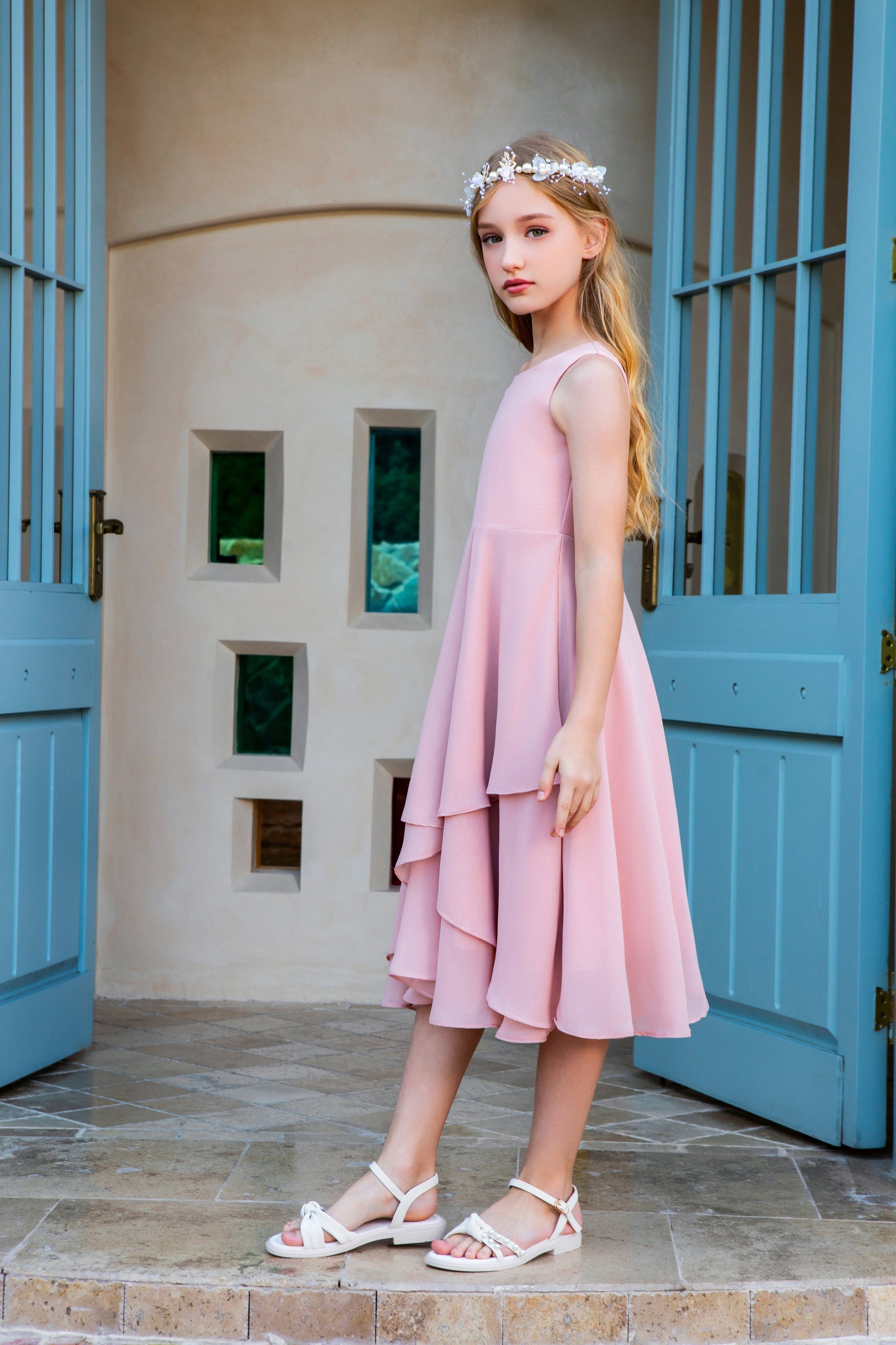 Elegant Ruffle Chiffon Flower Girl Gown Dress