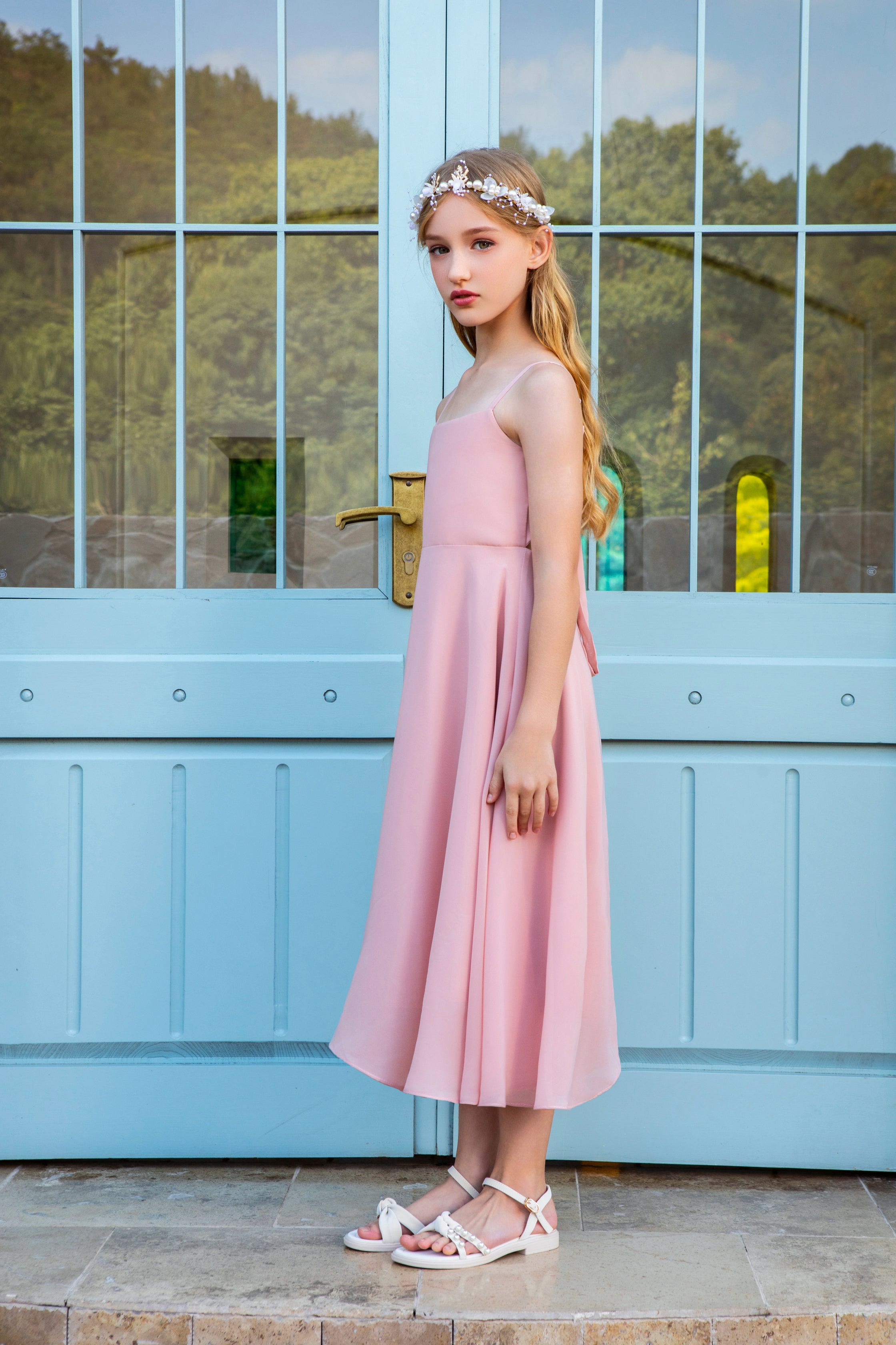 Spaghetti strap Junior Bridesmaid Dresses Chiffon Flower Girl Dress