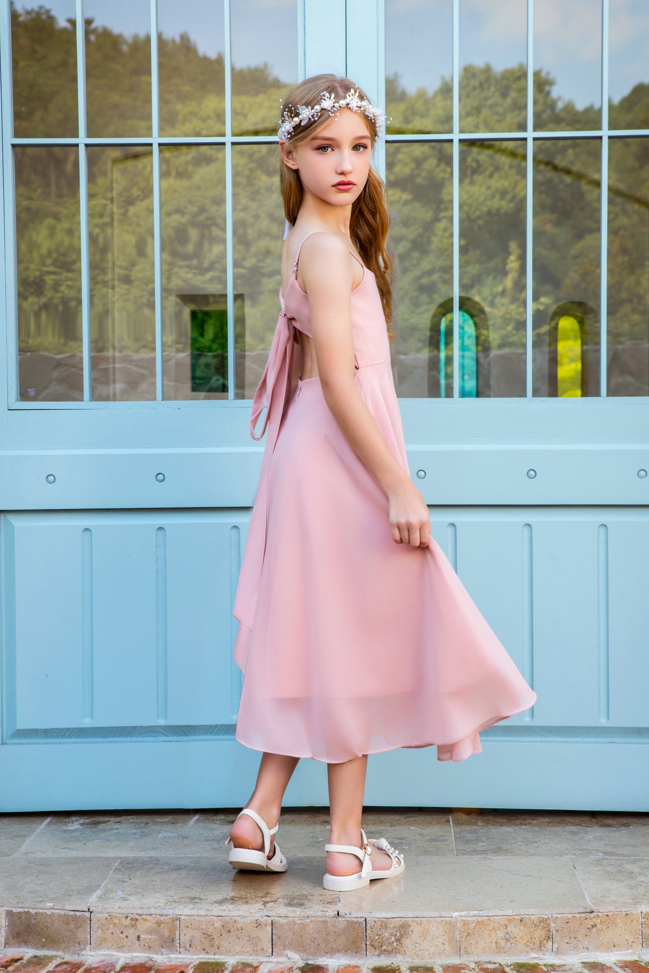 Spaghetti strap Junior Bridesmaid Dresses Chiffon Flower Girl Dress