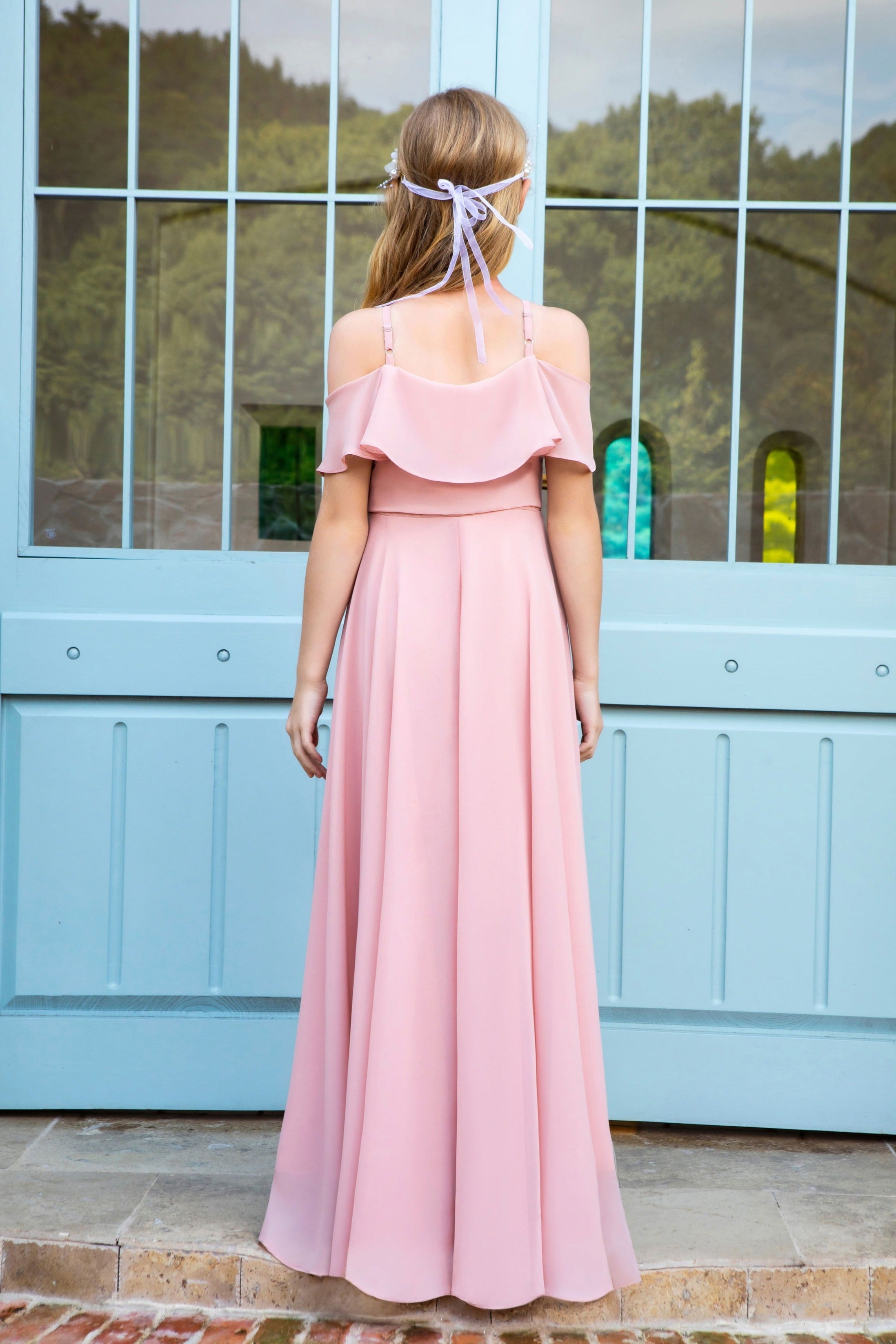 Ruffon Sleeves Chiffon Flower Girl Gown Dress