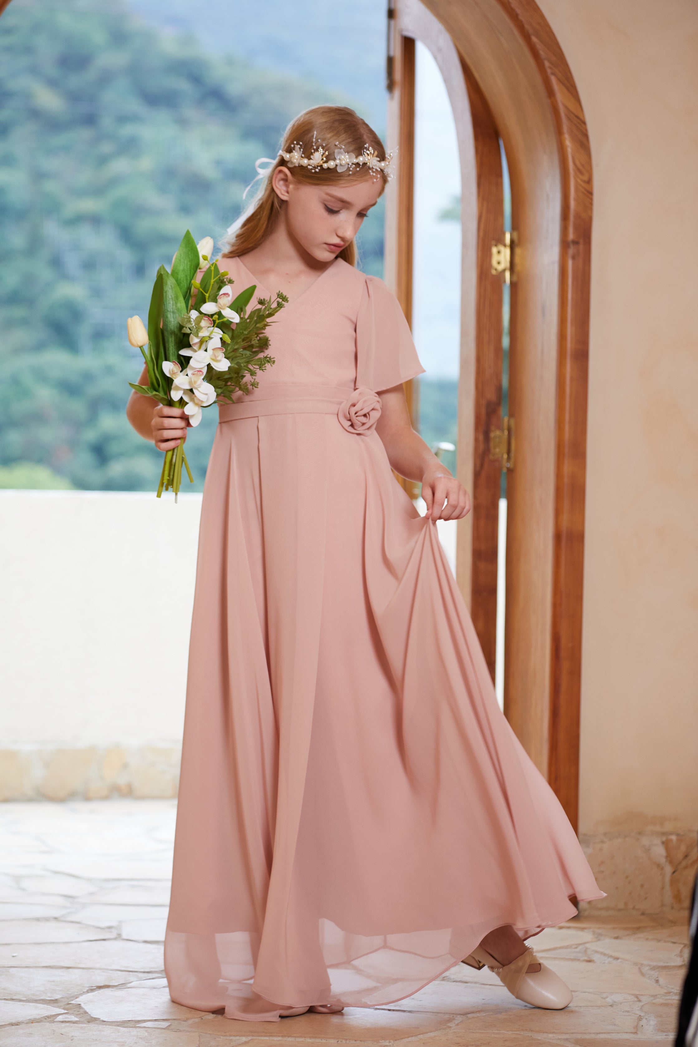 Elegant Pleated Chiffon Flower Girl Gown Dress