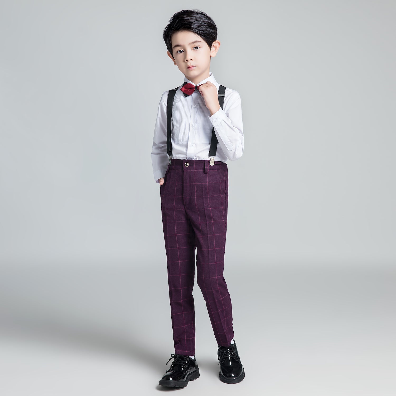 Purple Red Plaid Fashion 5 Piece Boys Suits