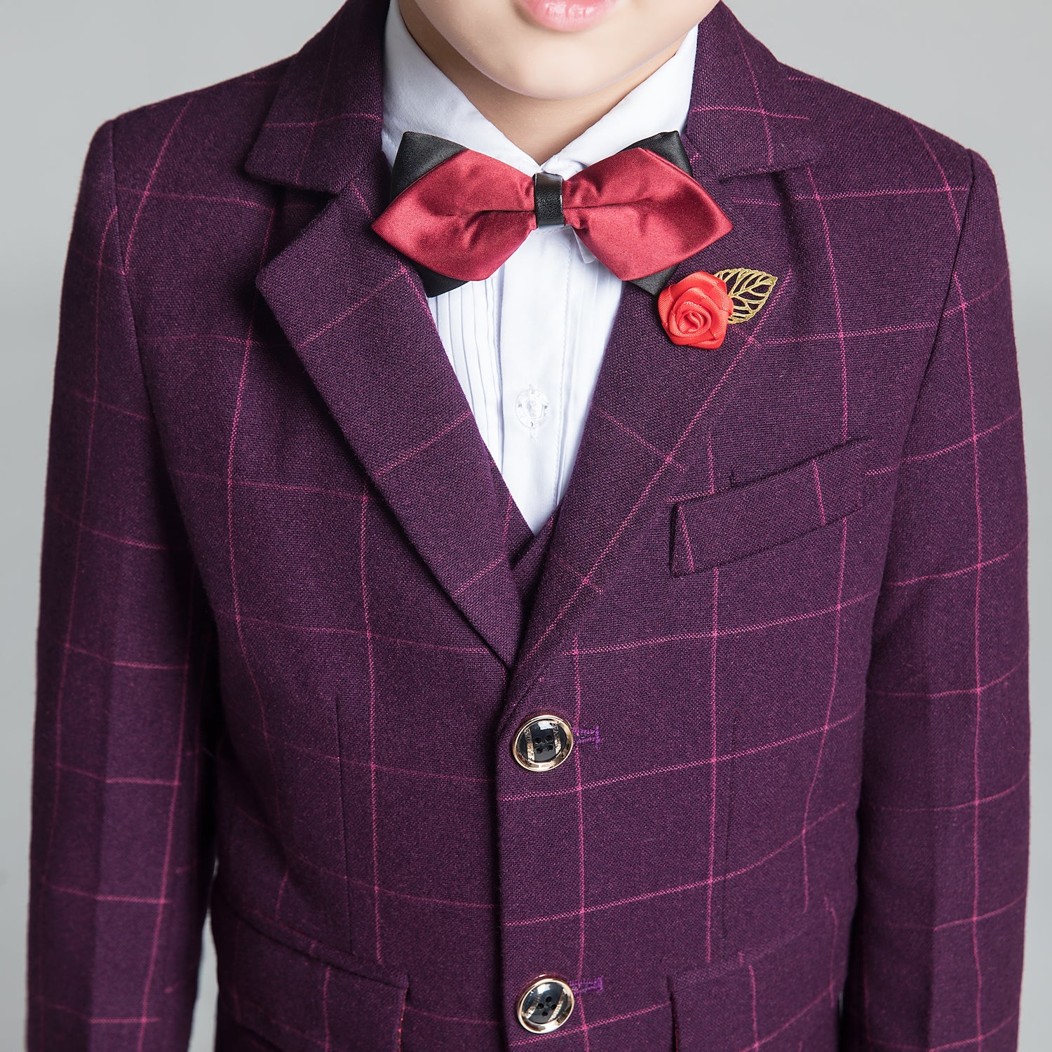 Purple Red Plaid Fashion 5 Piece Boys Suits