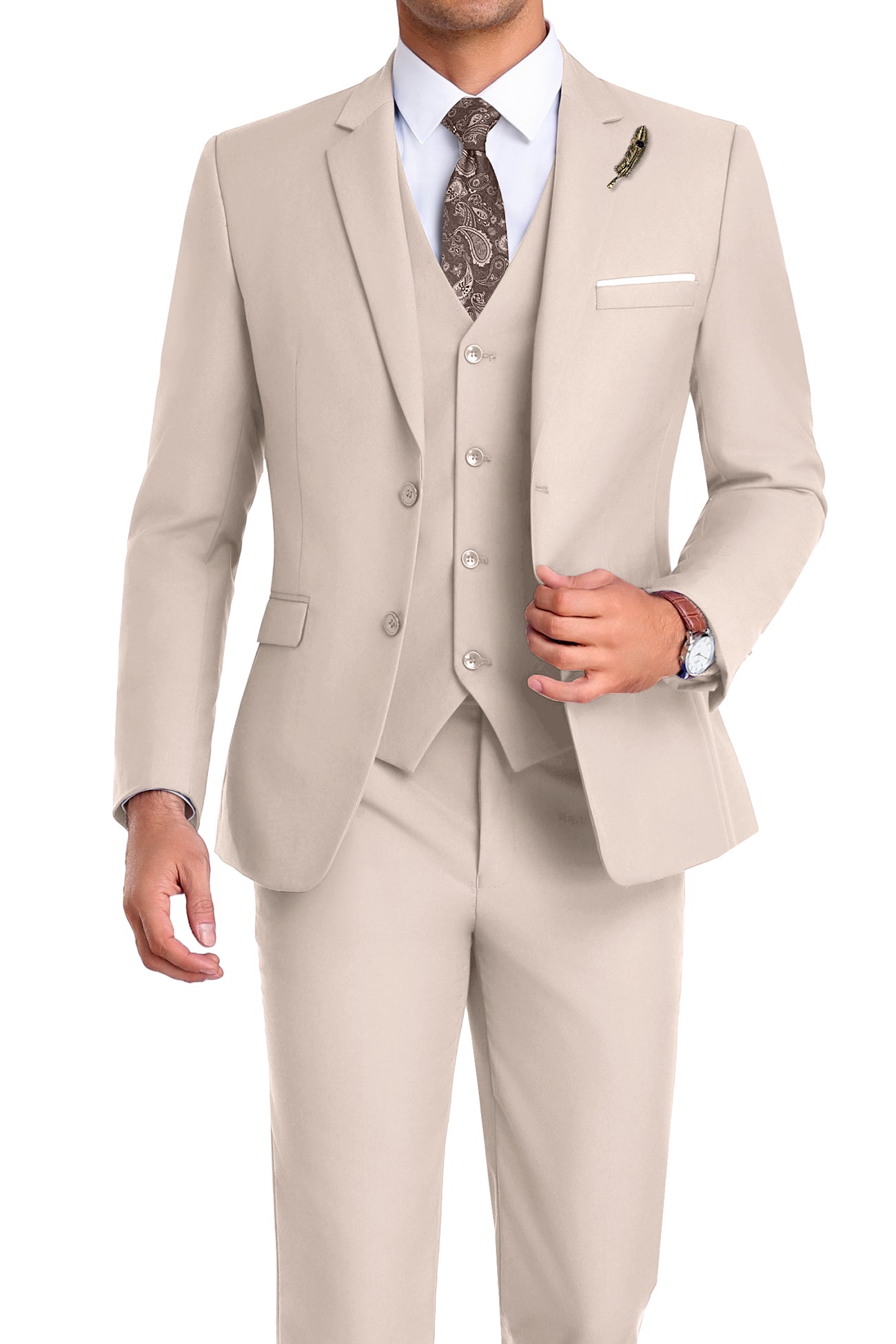 Model in light champagne 3-piece slim fit suit with tie and white shirt, posing front-facing with confident posture