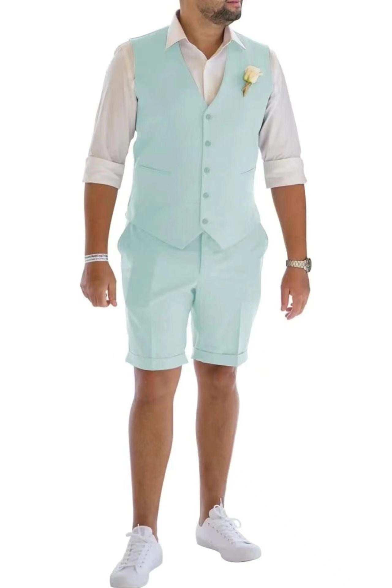 Men's Linen Summer Suits 2 Piece Causal Suits Vest and Shorts Tailored Fit 2024