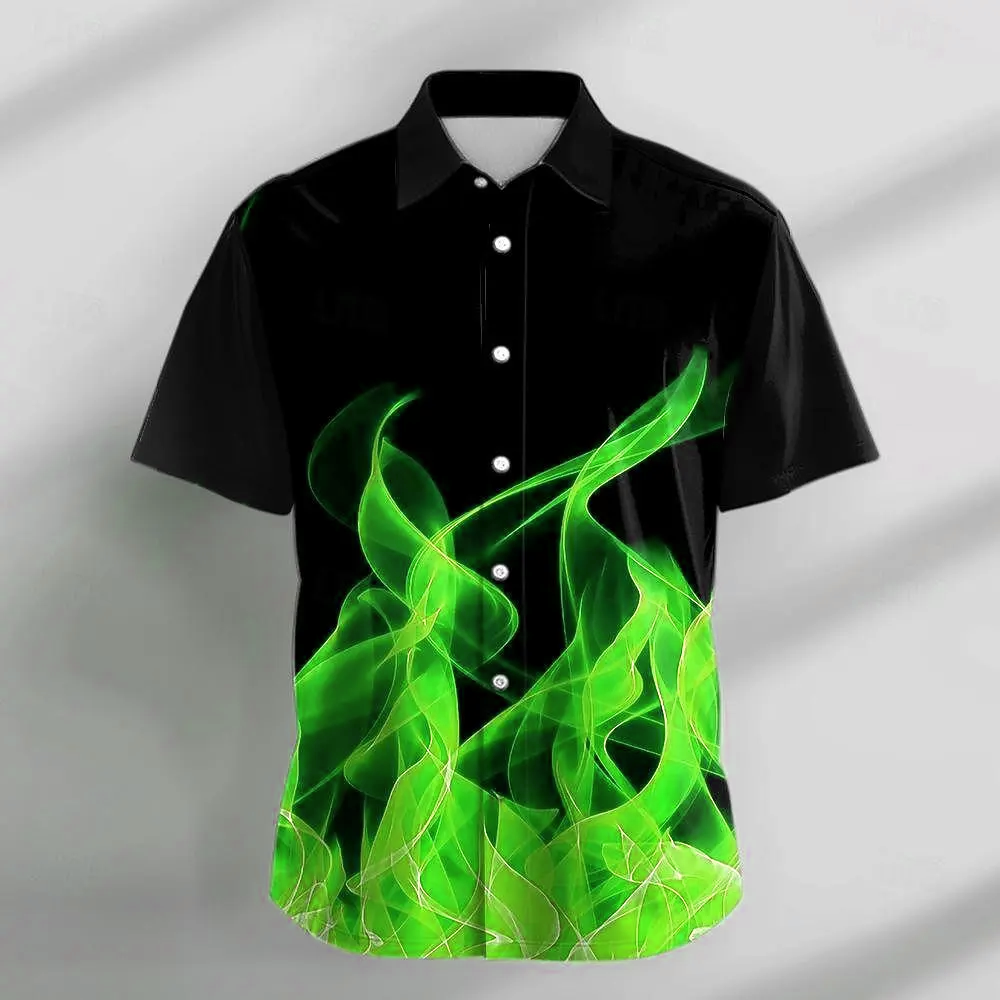 Electric green flame design on black short sleeve shirt – vivid tie dye statement piece