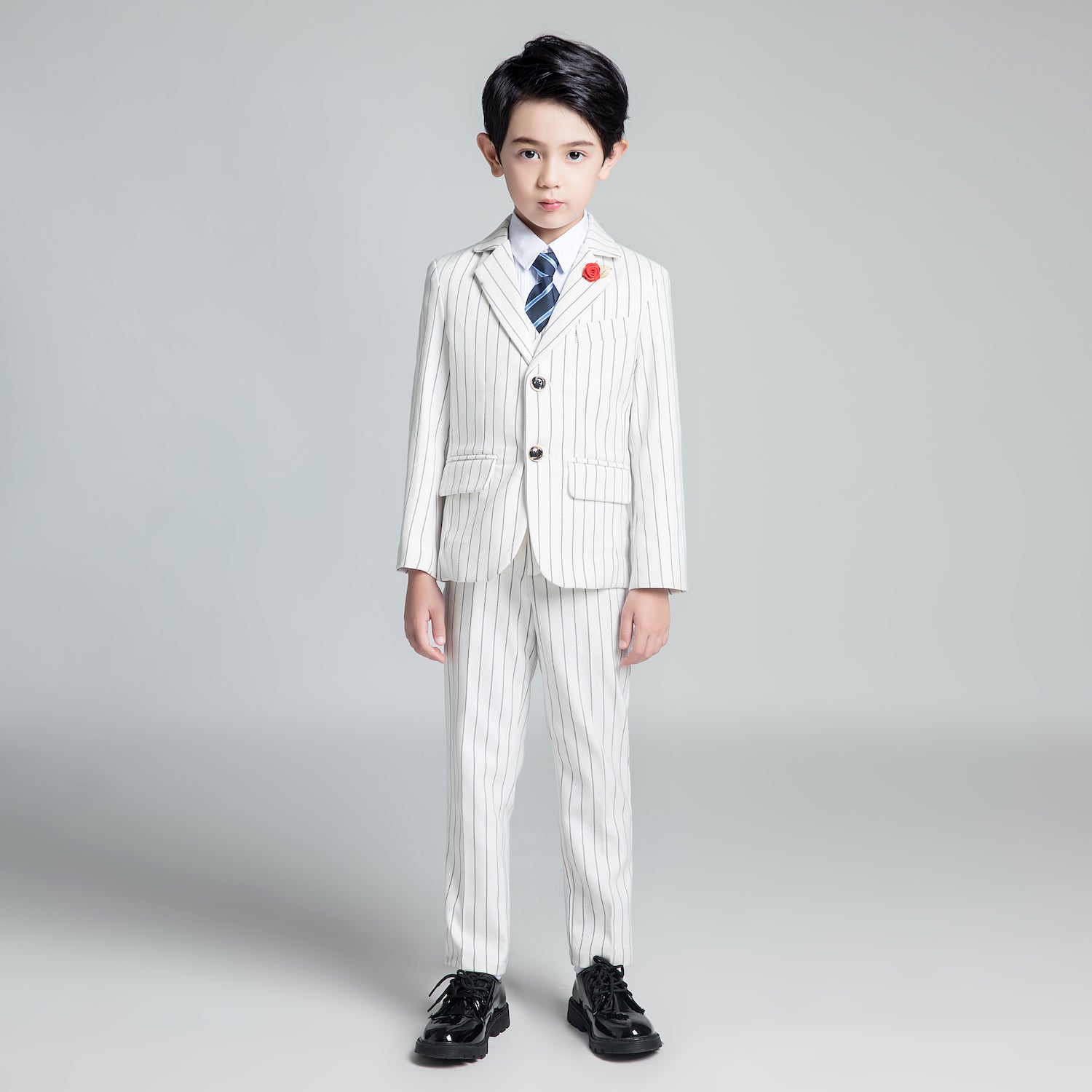 White Striped Modern 5 Piece Boy's Formal Suits