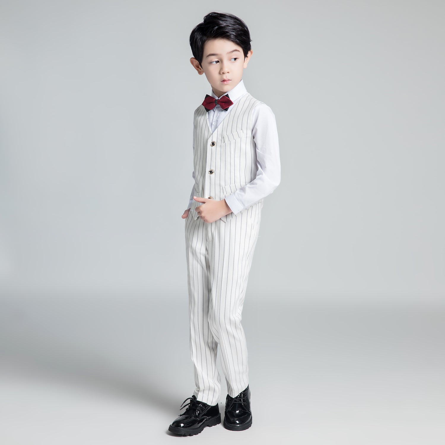 White Striped Modern 5 Piece Boy's Formal Suits