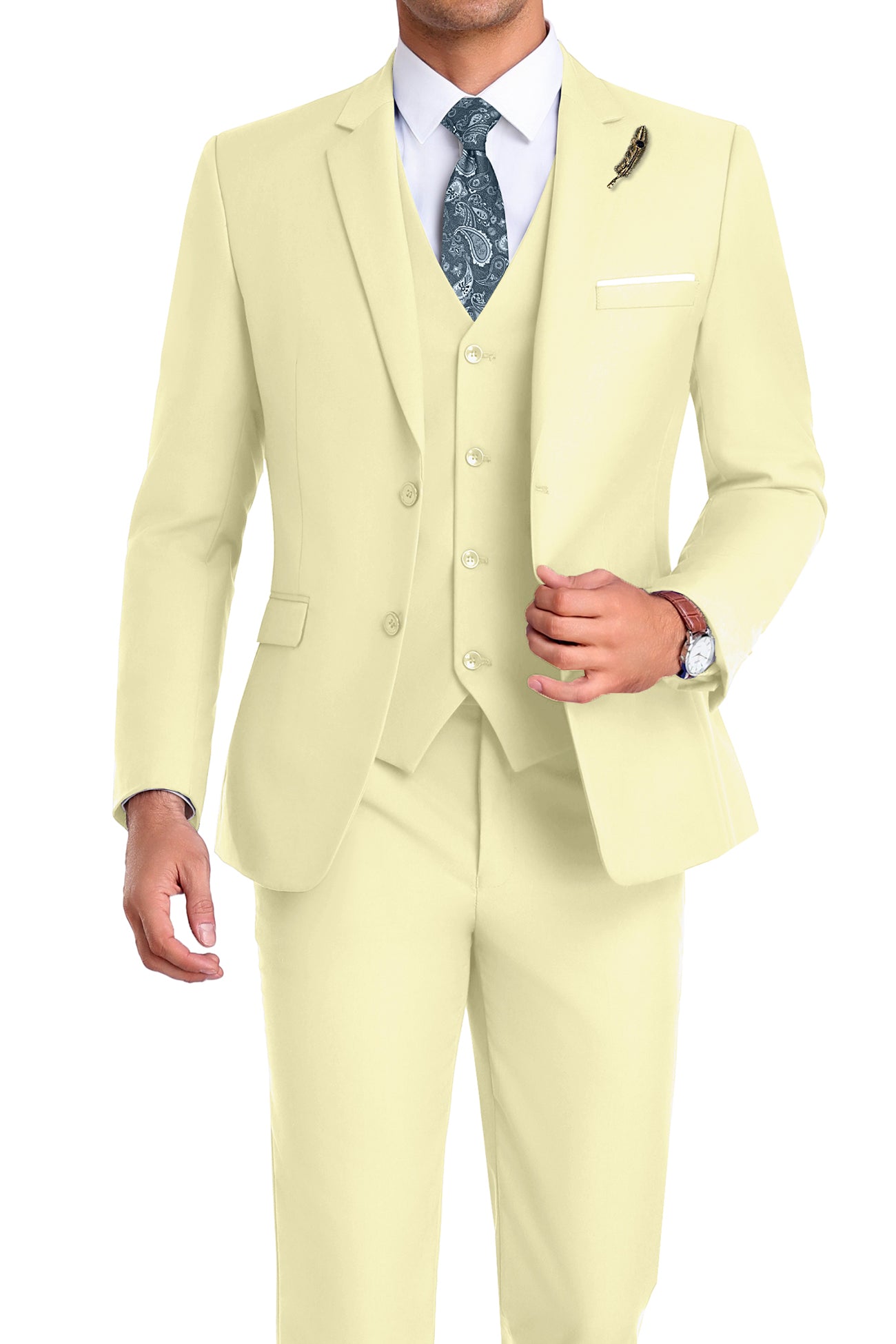Model in light yellow 3-piece slim fit suit with tie and white shirt, posing front-facing with confident posture
