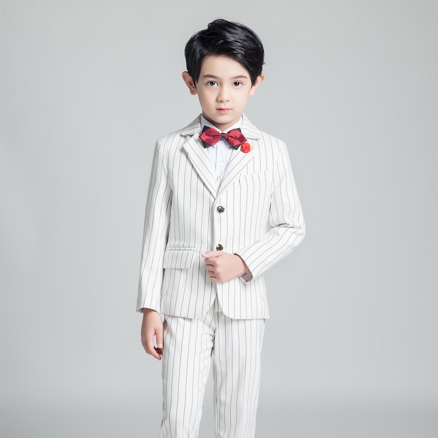 White Striped Modern 5 Piece Boy's Formal Suits