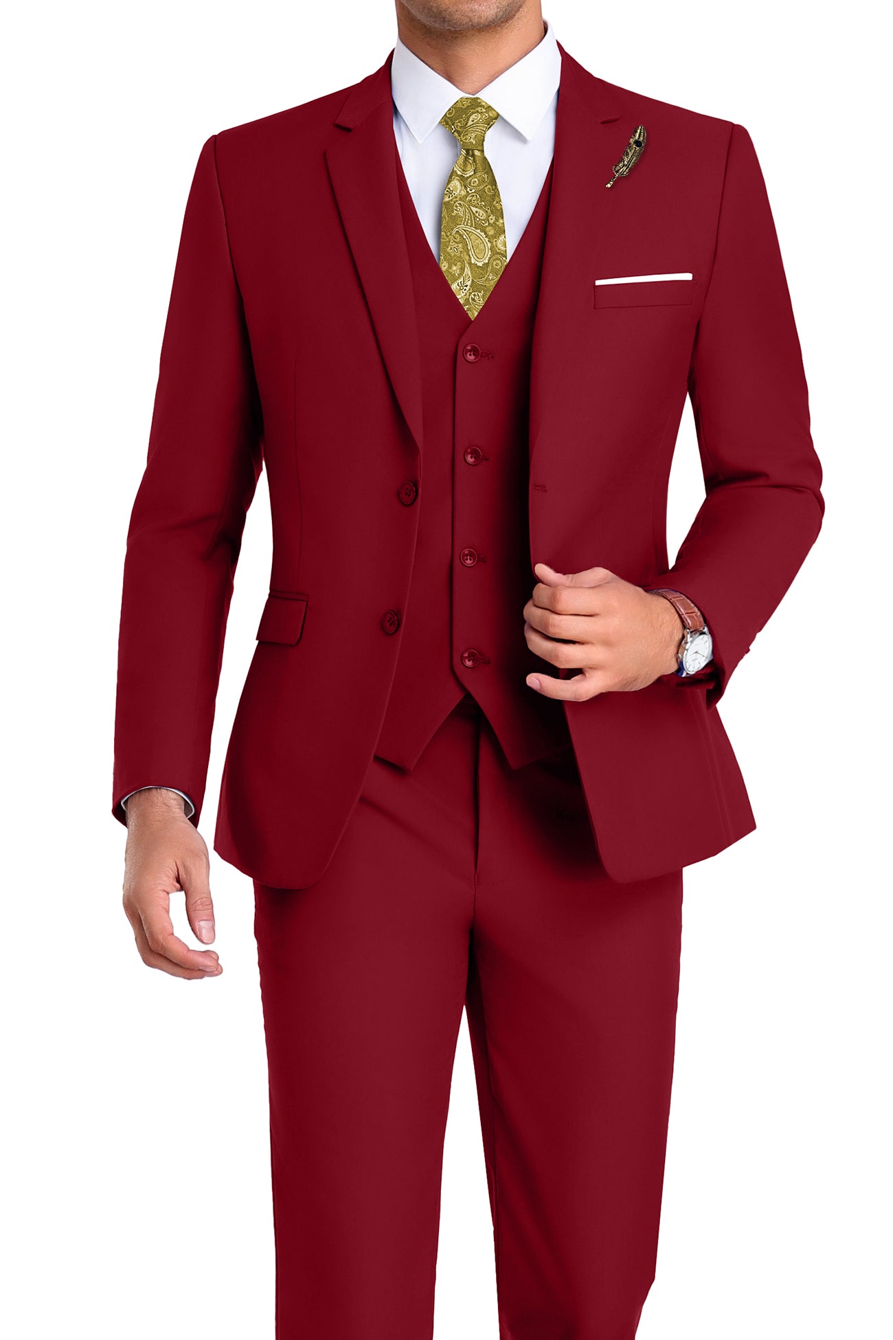 Model in red 3-piece slim fit suit with tie and white shirt, posing front-facing with confident posture