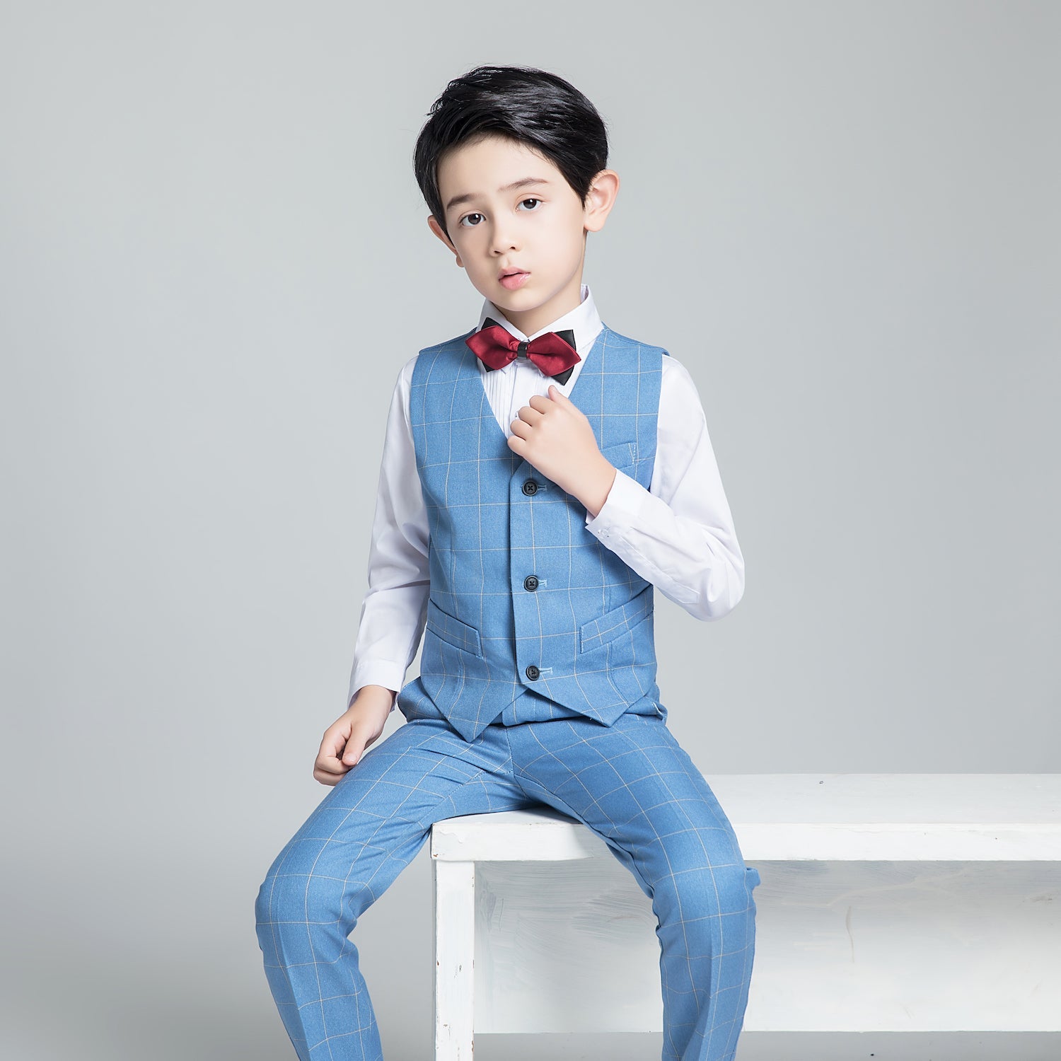 Light Blue Plaid Elegant Formal 5 Piece Boys Suits