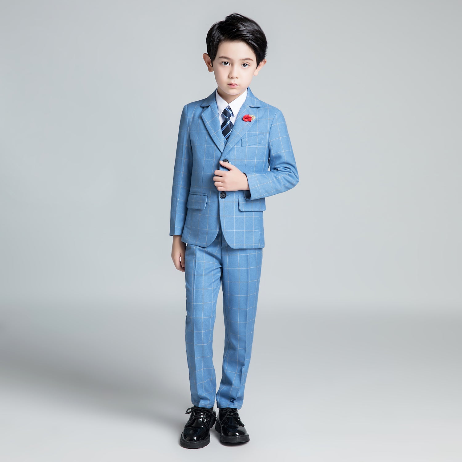 Light Blue Plaid Elegant Formal 5 Piece Boys Suits