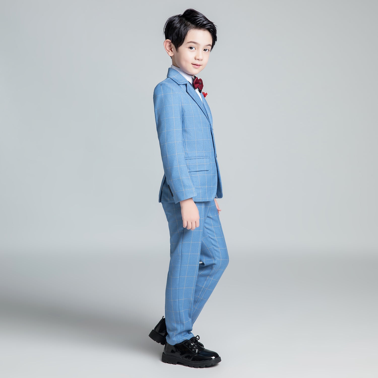 Light Blue Plaid Elegant Formal 5 Piece Boys Suits