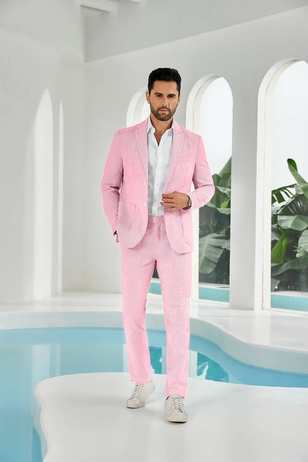 Seersucker Striped Blazer Pants 2 Piece Men's Summer Suit