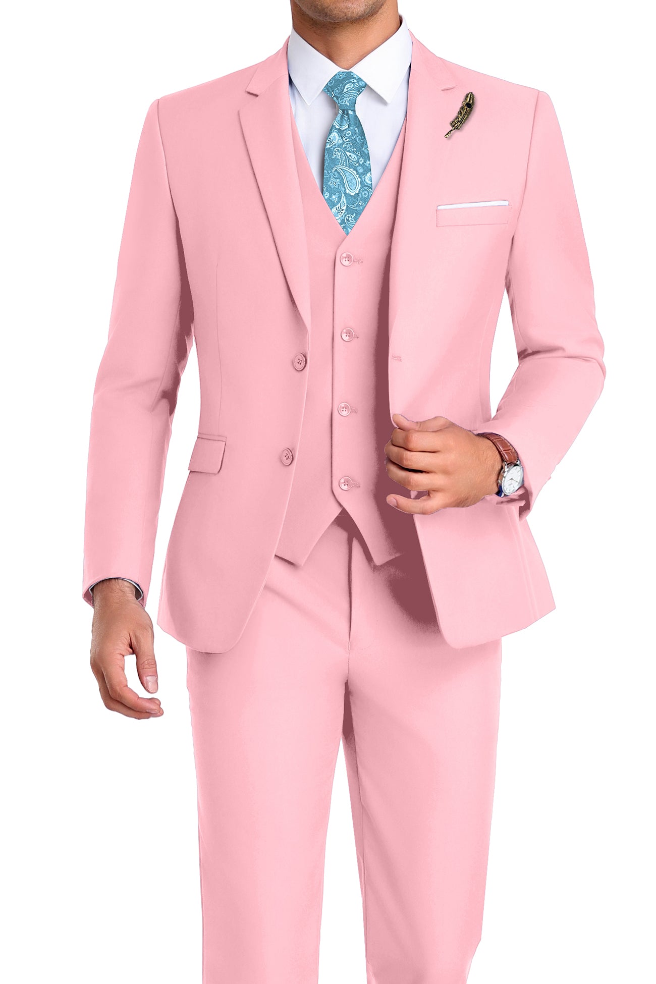 Model in pink 3-piece slim fit suit with tie and white shirt, posing front-facing with confident posture