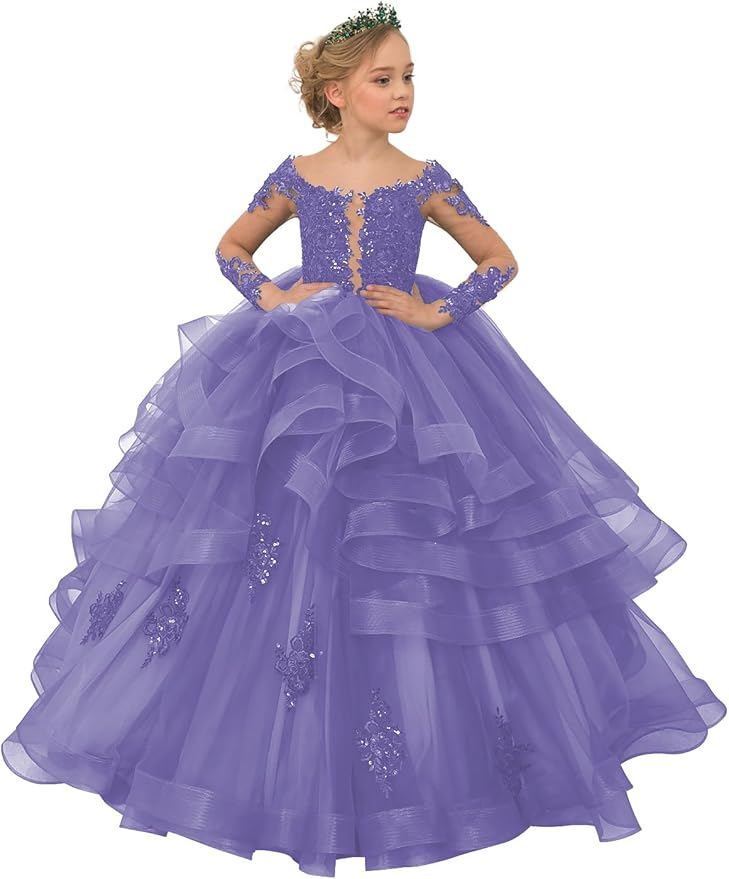 Long Sleeve Flower Girl Dresses Lace Applique Princess Ruffles Tulle Party Gown