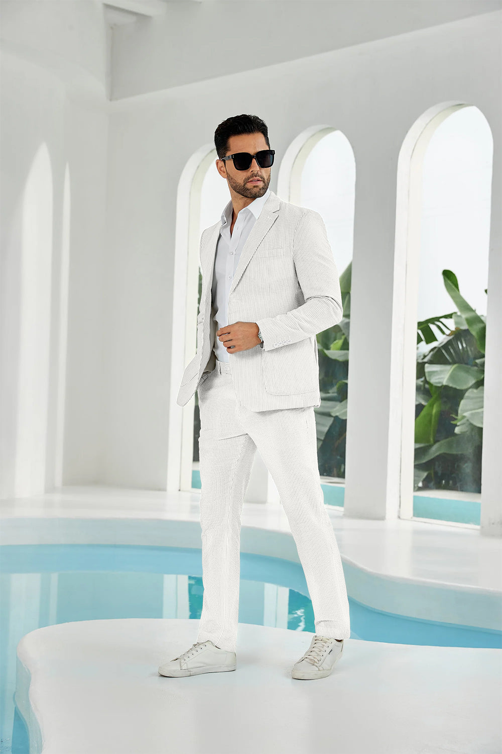 Seersucker Striped Blazer Pants 2 Piece Men's Summer Suit