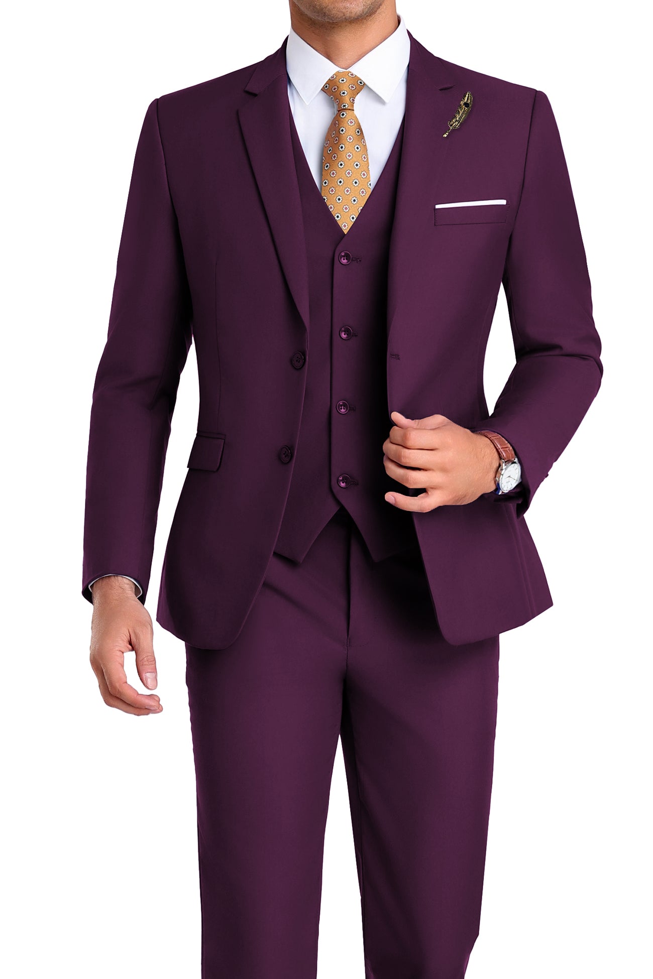Model in plum 3-piece slim fit suit with tie and white shirt, posing front-facing with confident posture