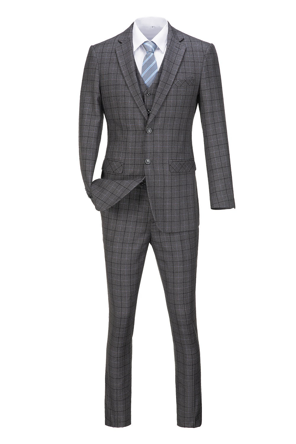 Grey Plaid Men's 3 Piece Suits