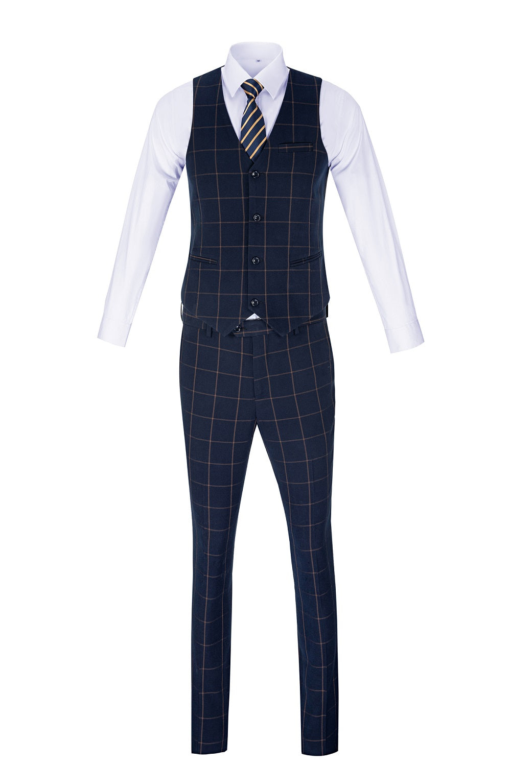 Blue Men's 3 Piece Suits ( Orange Plaid )